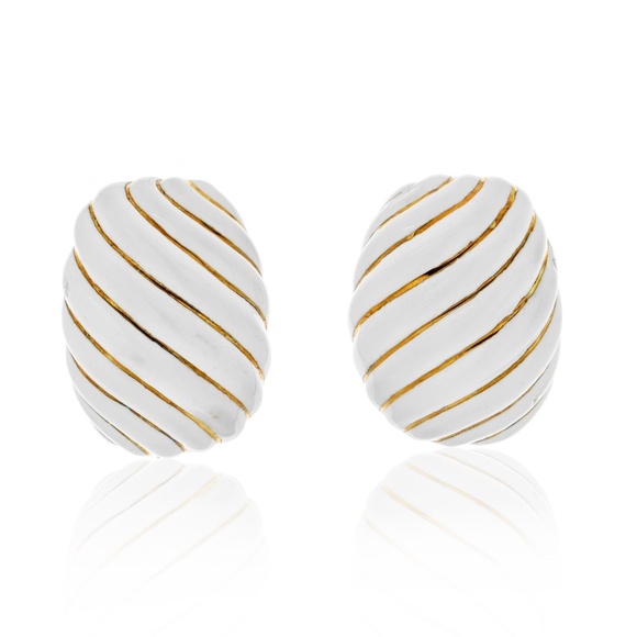David Webb Platinum & 18K Yellow Gold White Enamel Gold Earrings - Picture 1 of 4